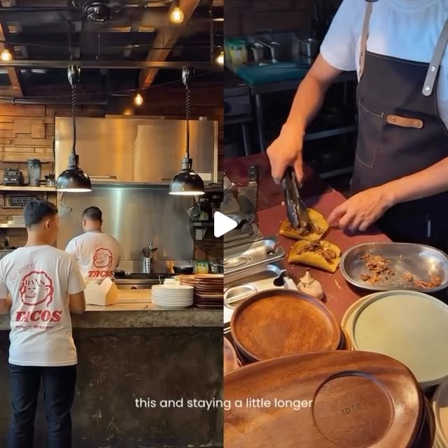Tequero Tacos open kitchen — staff at work under Edison pendant lights